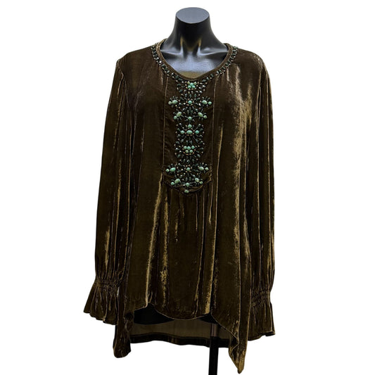 Double D Ranch Embellished Velvet Tunic Blouse Green Multi M