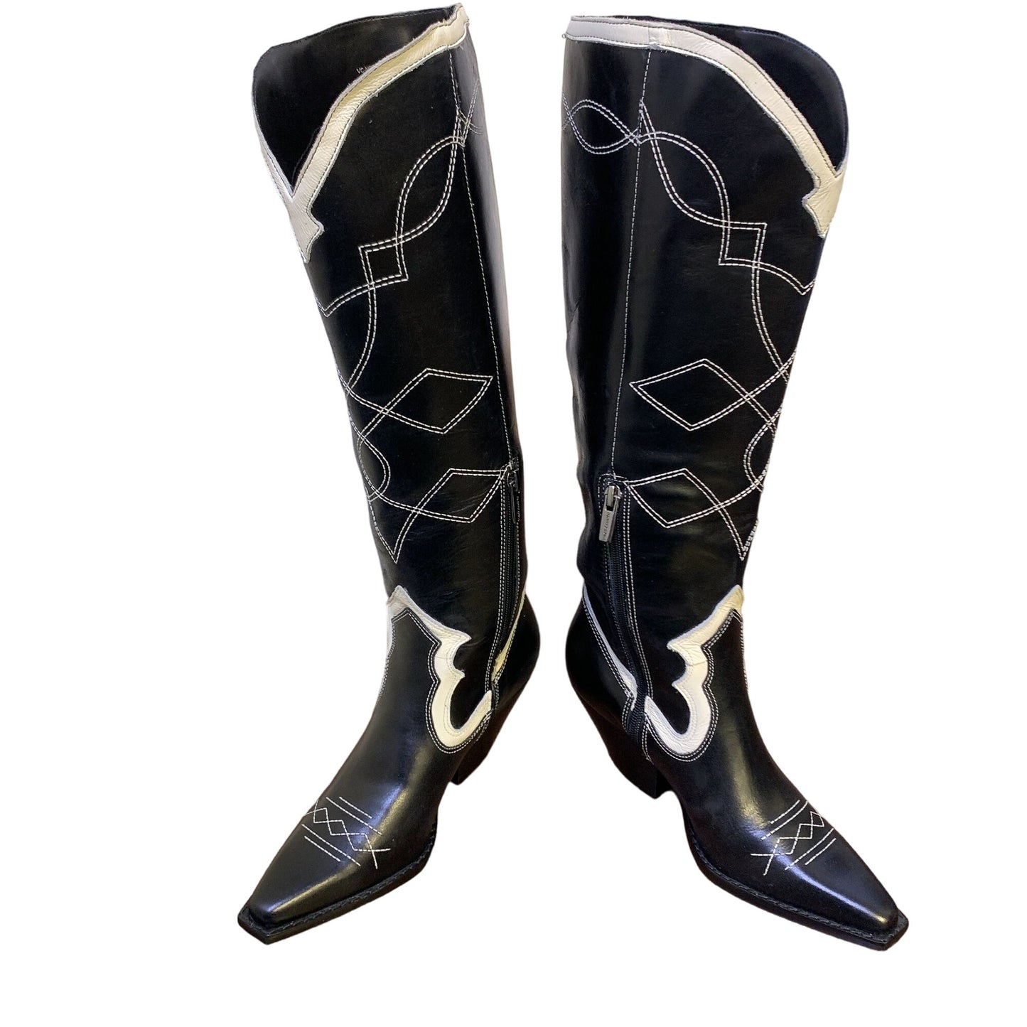 Vince Camuto Black/White Leather Knee-High Western Boots Size 6