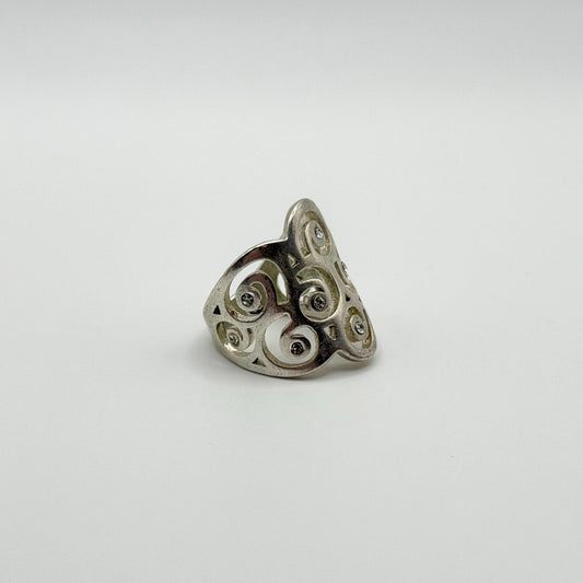 925 Sterling Silver Filigree Swirl Wide Band Ring With CZ Accents Size 7.5