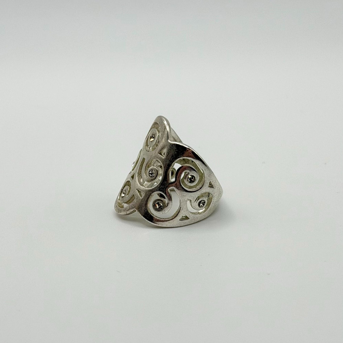 925 Sterling Silver Filigree Swirl Wide Band Ring With CZ Accents Size 7.5