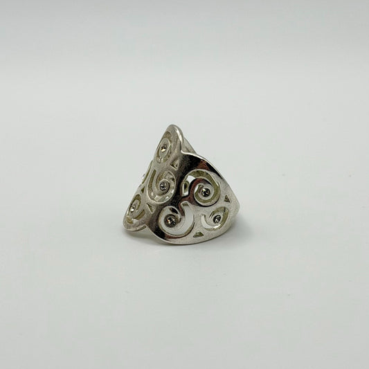 925 Sterling Silver Filigree Swirl Wide Band Ring With CZ Accents Size 7.5