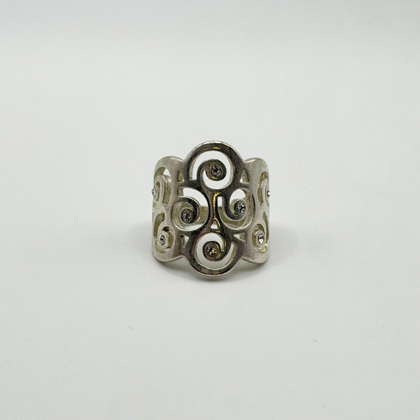 925 Sterling Silver Filigree Swirl Wide Band Ring With CZ Accents Size 7.5