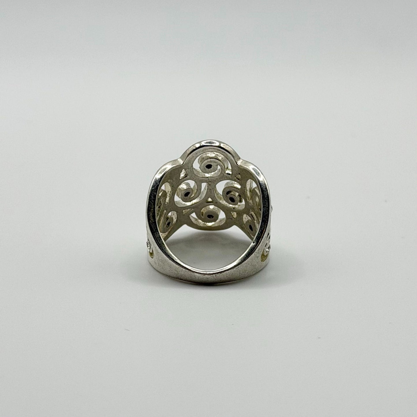 925 Sterling Silver Filigree Swirl Wide Band Ring With CZ Accents Size 7.5