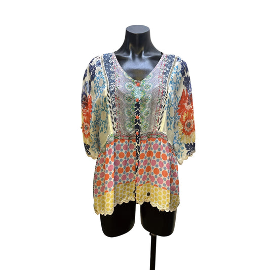Johnny Was Multicolor Floral Patchwork w/Kimono Sleeve Blouse