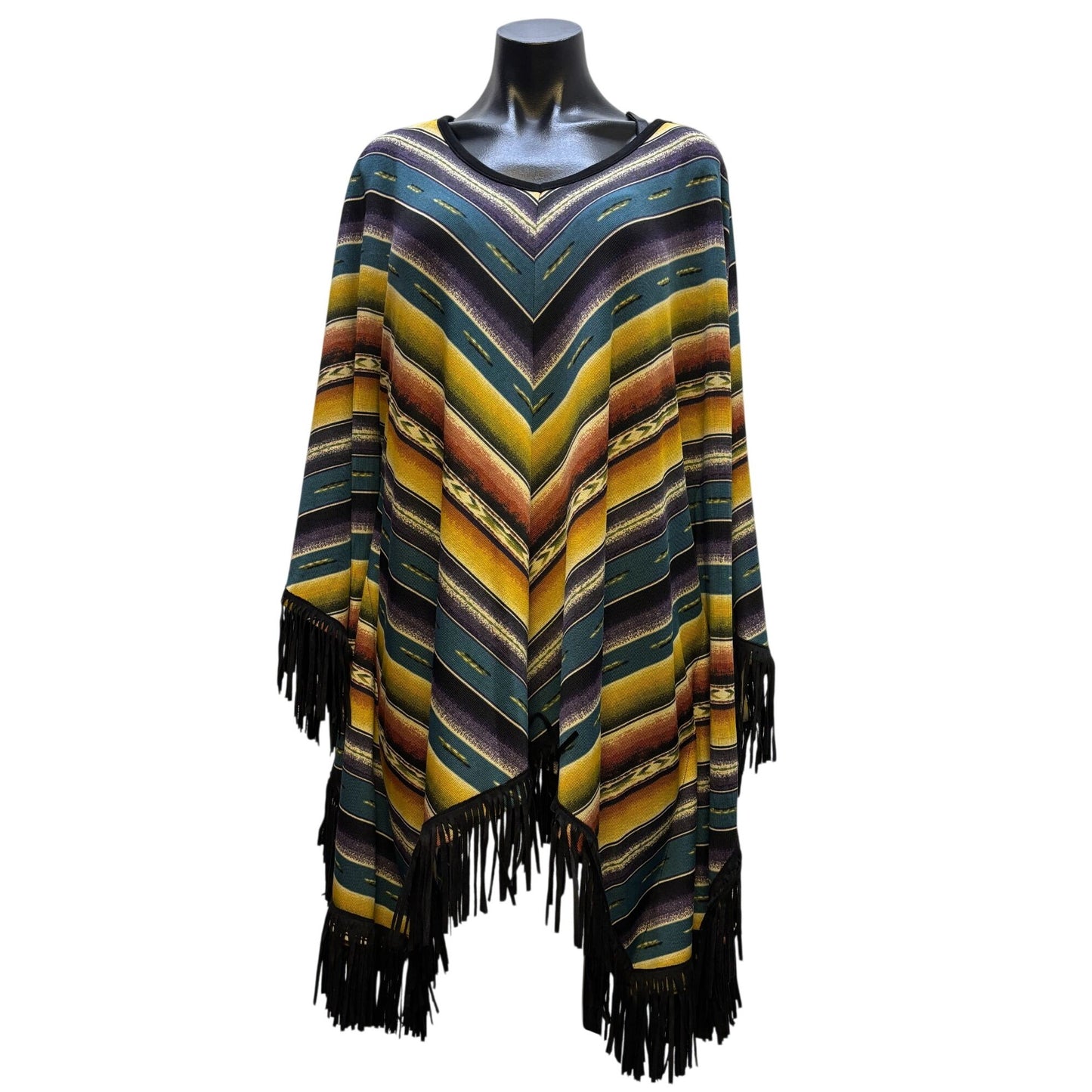 Double D Ranch Striped Poncho With Fringe Teal Yellow Purple XL