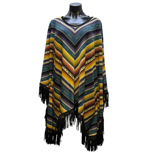 Double D Ranch Striped Poncho With Fringe Teal Yellow Purple XL