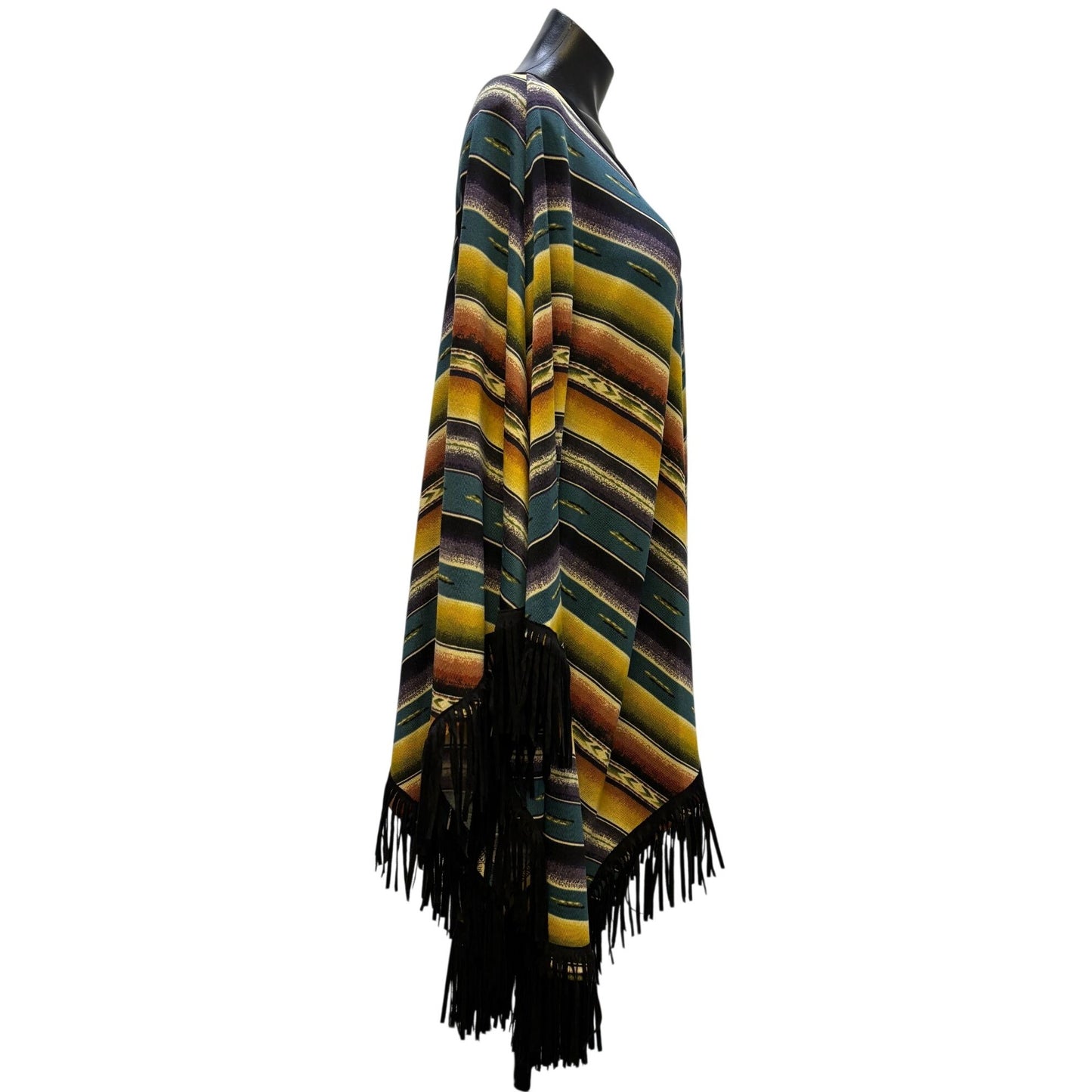 Double D Ranch Striped Poncho With Fringe Teal Yellow Purple XL