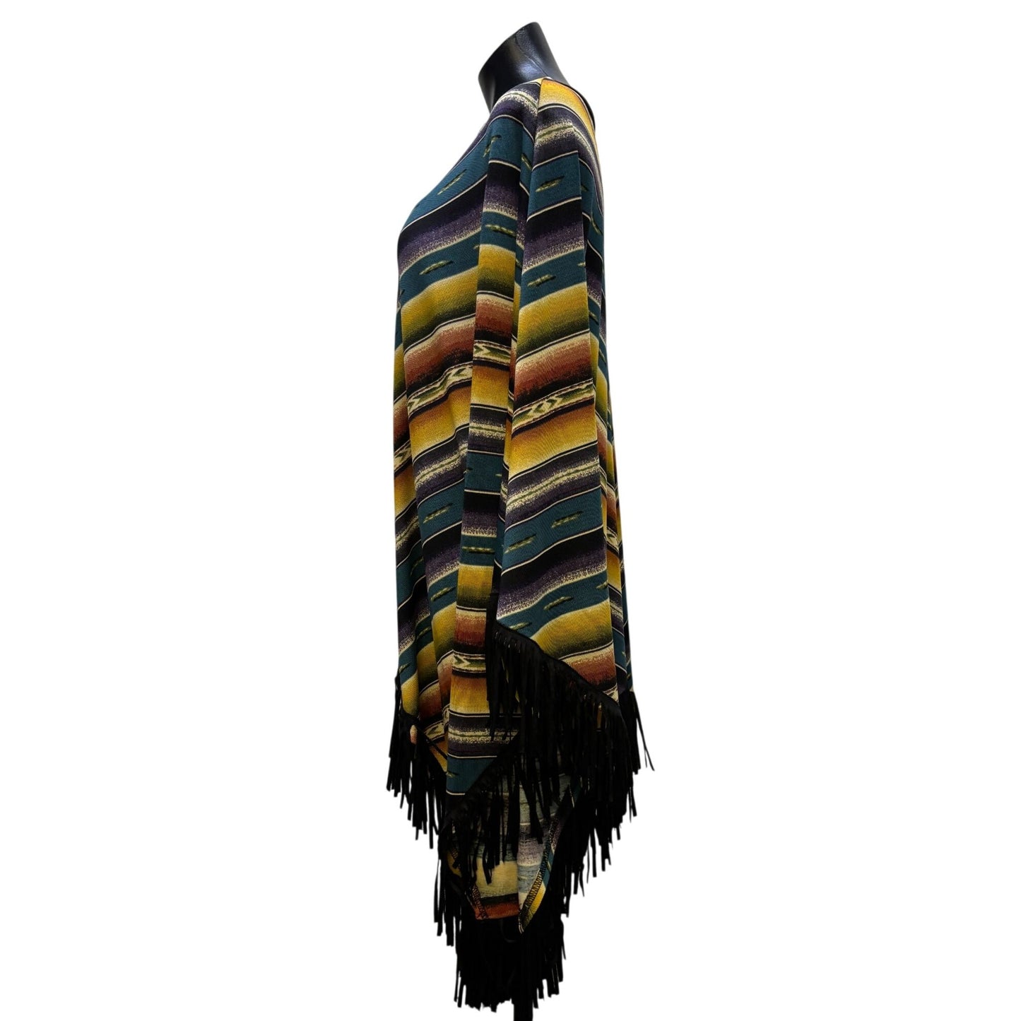 Double D Ranch Striped Poncho With Fringe Teal Yellow Purple XL