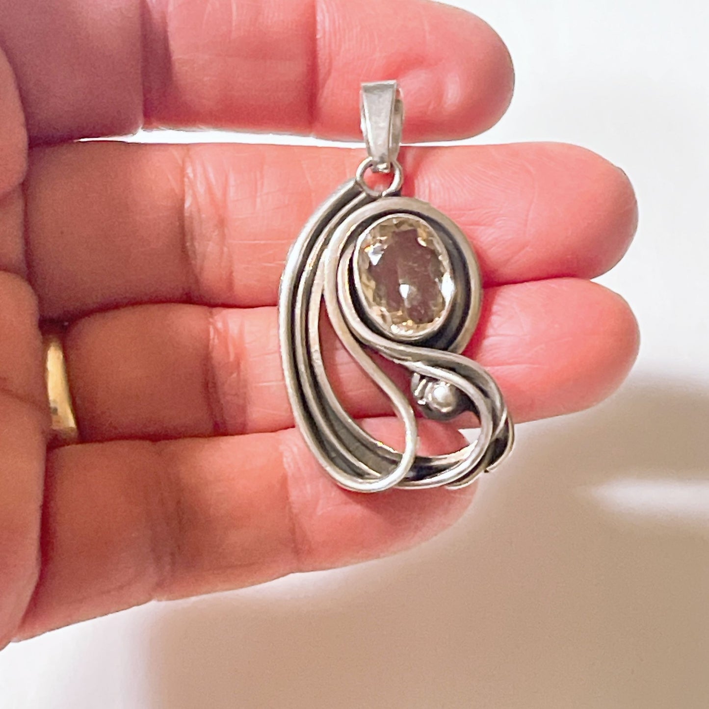 Vintage Sterling Silver Gemstone Oval Pendant With Intricate Swirl Design