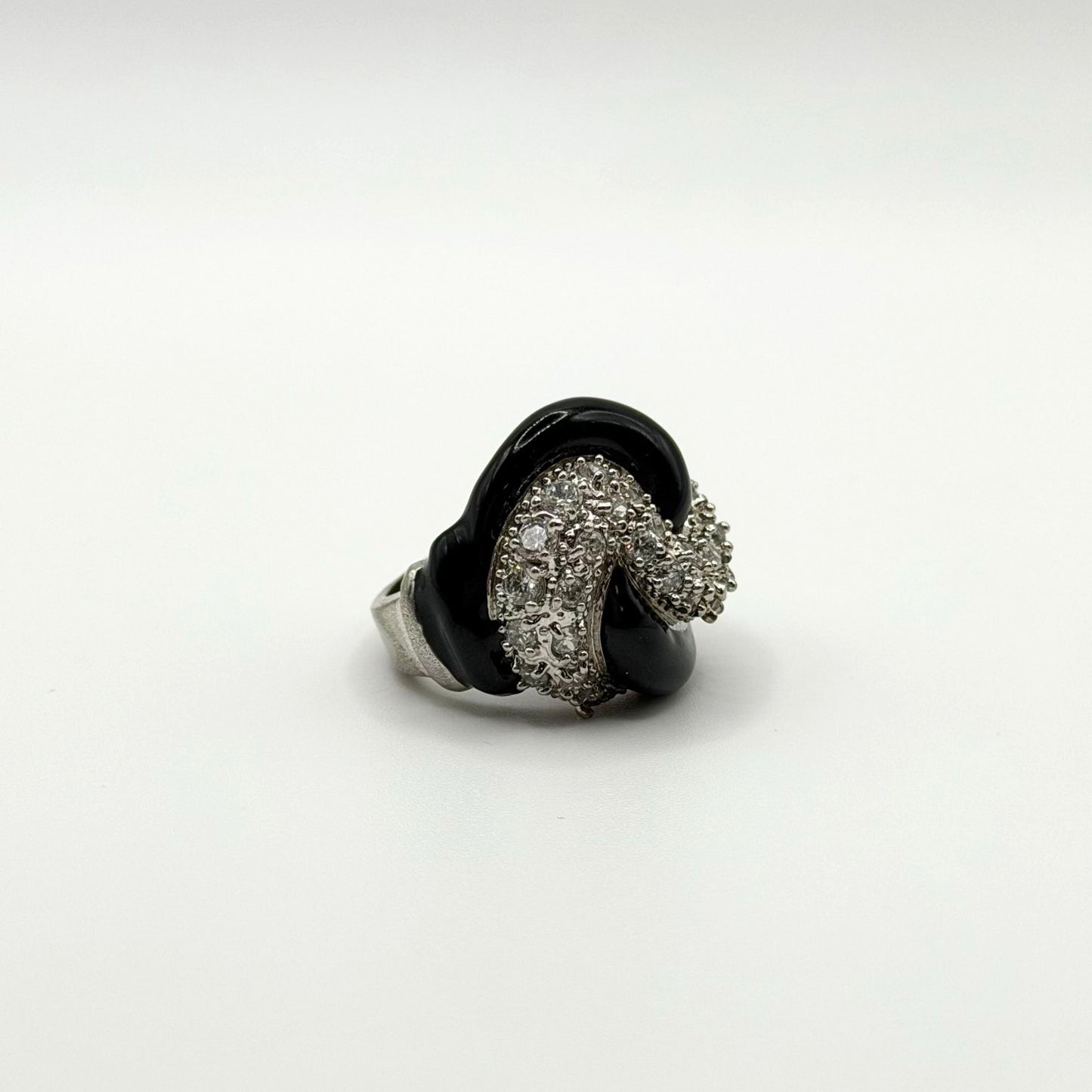 Vintage Silver & Black Enamel Cocktail Ring With Clear Crystal Accents Size 6.5