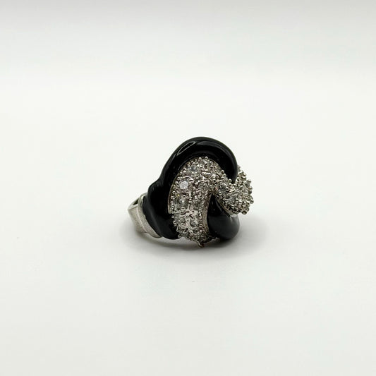 Vintage Silver & Black Enamel Cocktail Ring With Clear Crystal Accents Size 6.5