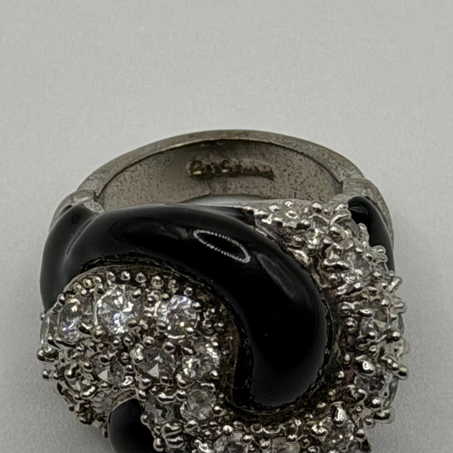 Vintage Silver & Black Enamel Cocktail Ring With Clear Crystal Accents Size 6.5