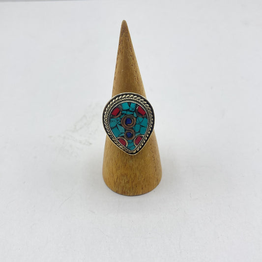 Unique Handcrafted Vintage Nepalese Silver Plated Ring Turquoise, Coral, Lapis sz 9