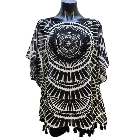 Trina Turk Black & White Sheer Blouse w/Bold Circular Print & Tassel Hem Size S