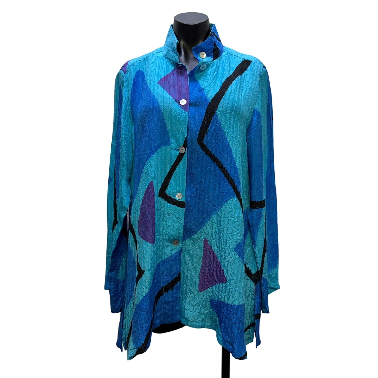 Alexis Abrams Silk Blouse Blue & Purple Geometric Pattern M