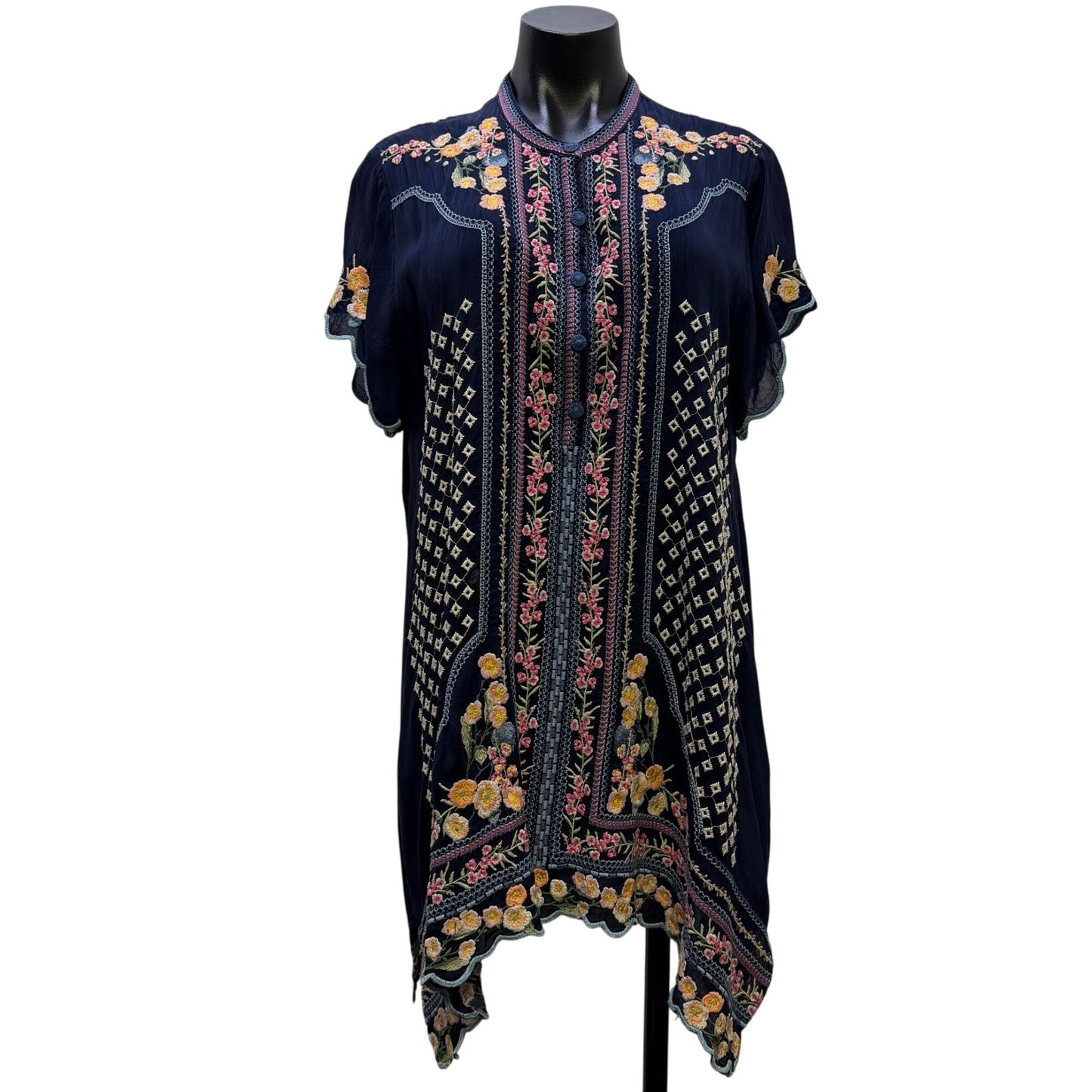 Johnny Was Navy Floral Embroidered Blouse Tunic L