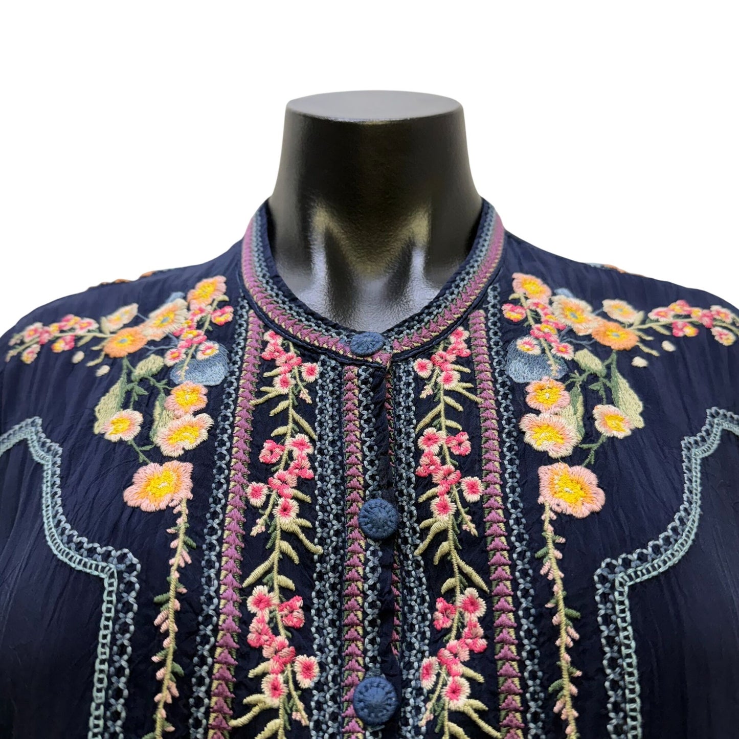 Johnny Was Navy Floral Embroidered Blouse Tunic L