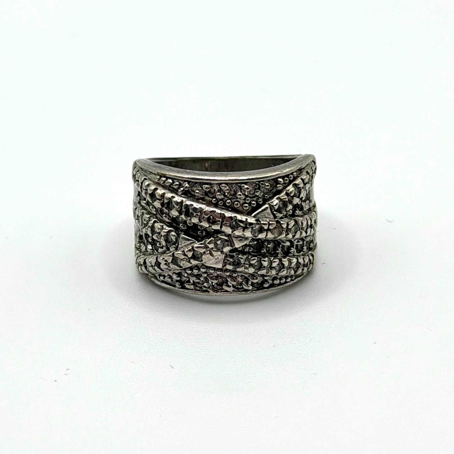 Wide Band 925 Sterling Silver Ring With Intricate Criss-Cross