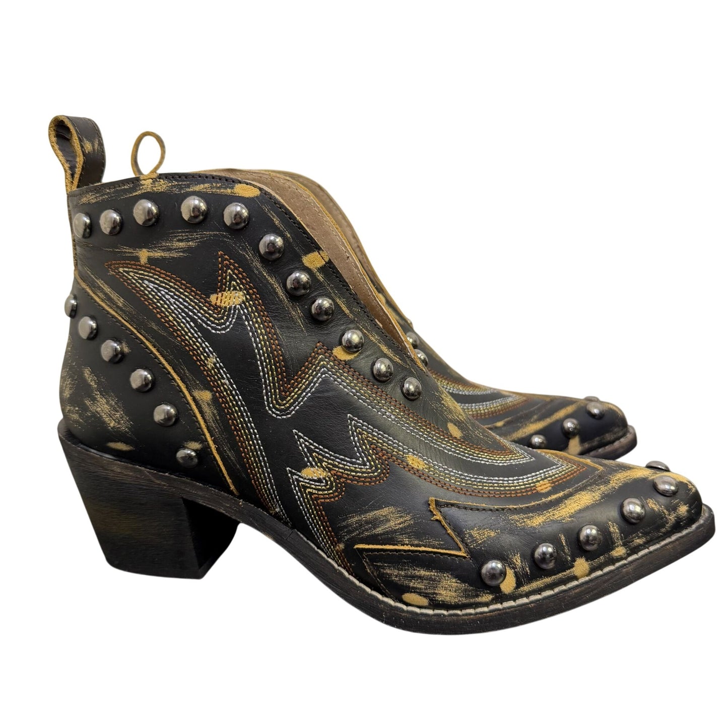 Cirkle G Western Studded Black Leather Ankle Booties Size 8