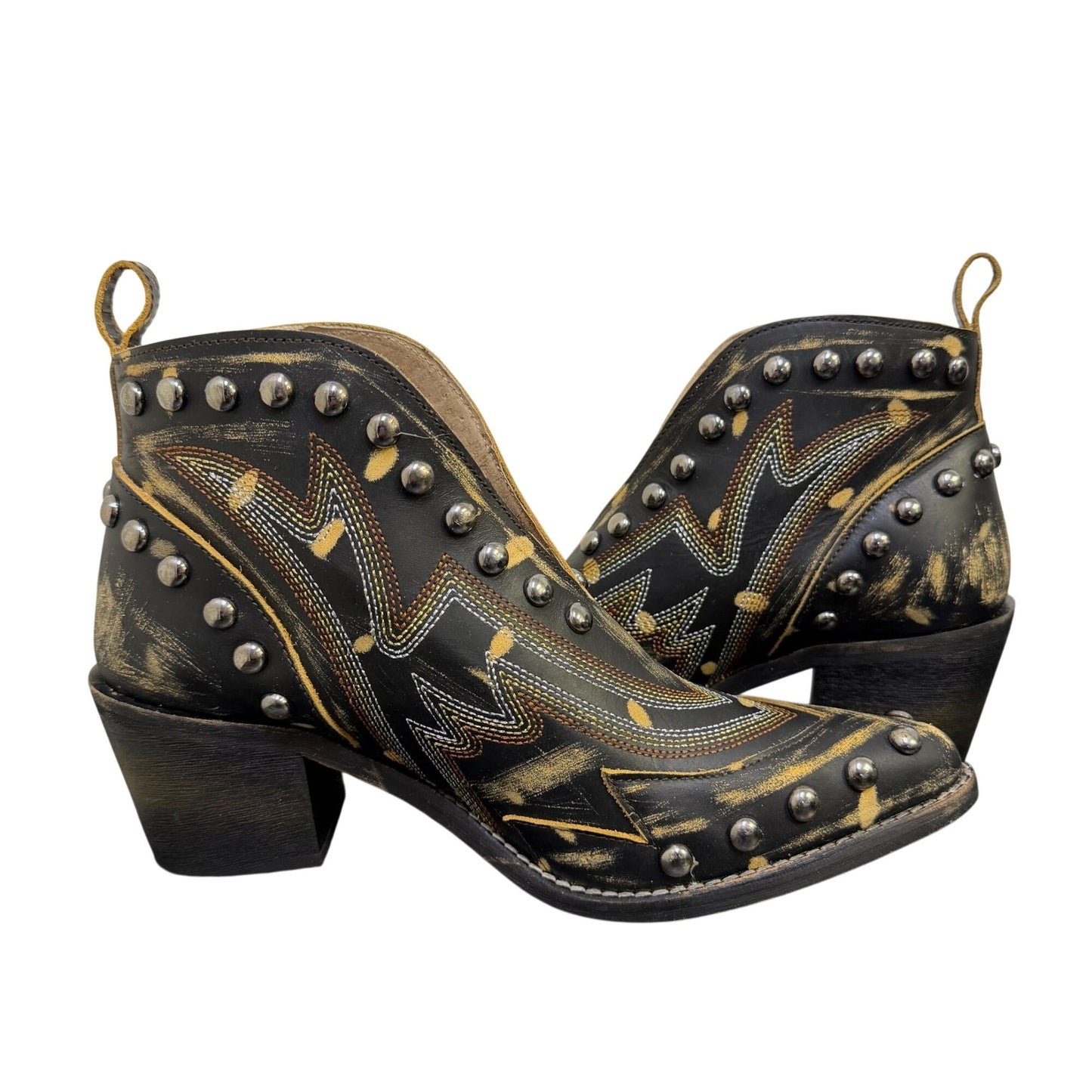 Cirkle G Western Studded Black Leather Ankle Booties Size 8