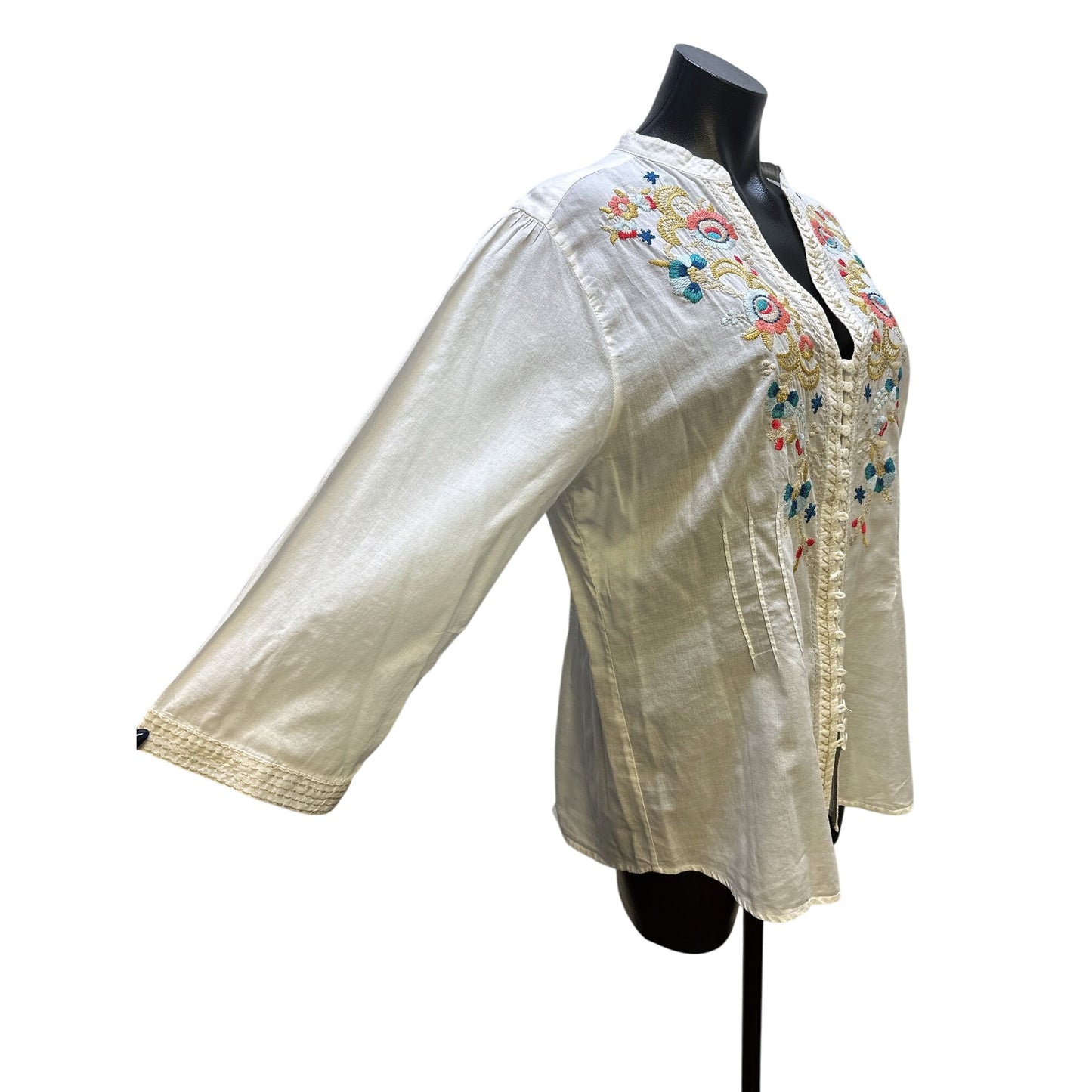 Johnny Was White Floral Embroidered Button Down Blouse Size L