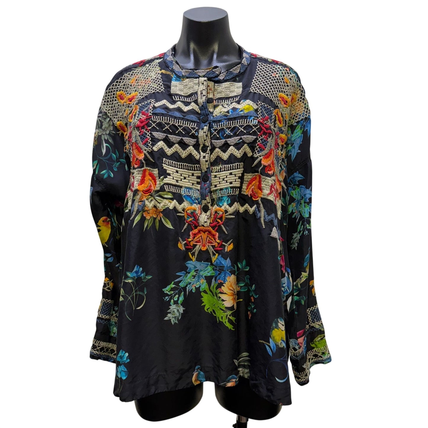 Johnny Was Biya Embroidered Silk Blouse Black Multi Floral Birds Size M
