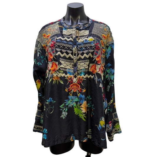 Johnny Was Biya Embroidered Silk Blouse Black Multi Floral Birds Size M