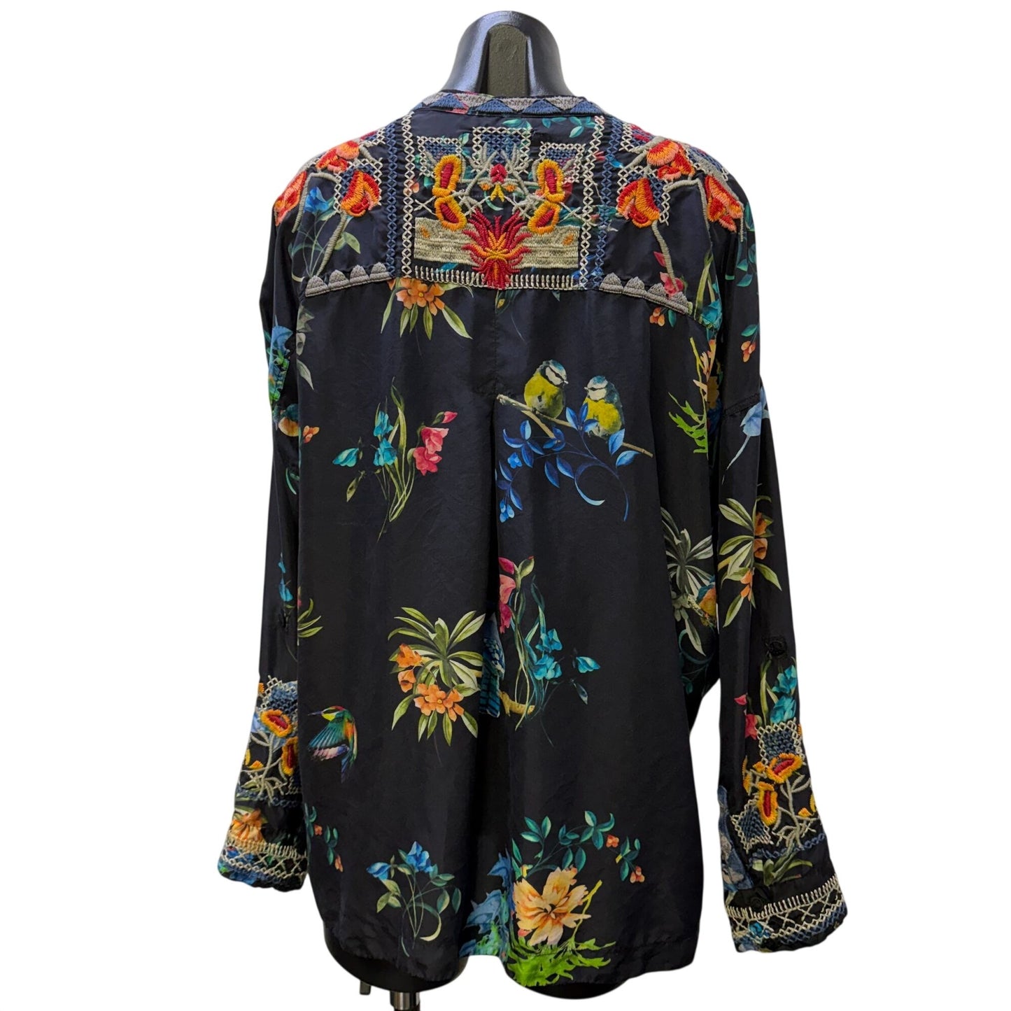 Johnny Was Biya Embroidered Silk Blouse Black Multi Floral Birds Size M