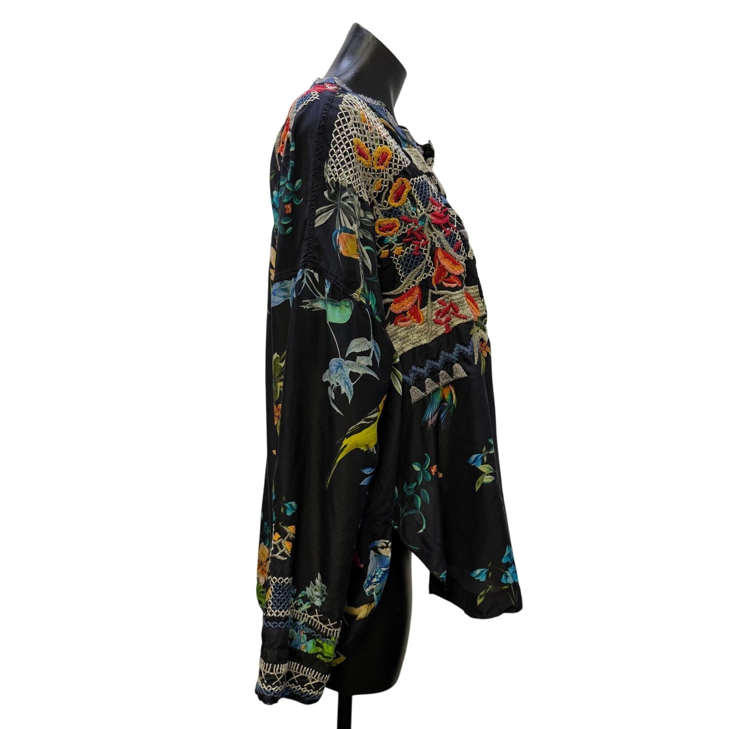 Johnny Was Biya Embroidered Silk Blouse Black Multi Floral Birds Size M