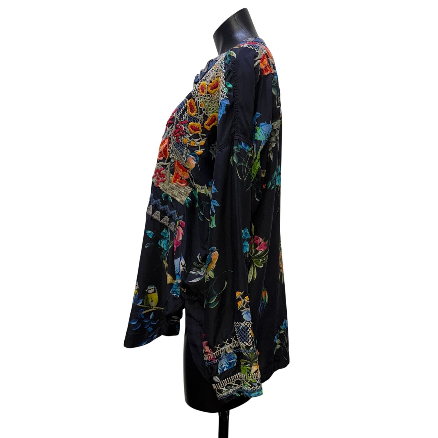 Johnny Was Biya Embroidered Silk Blouse Black Multi Floral Birds Size M