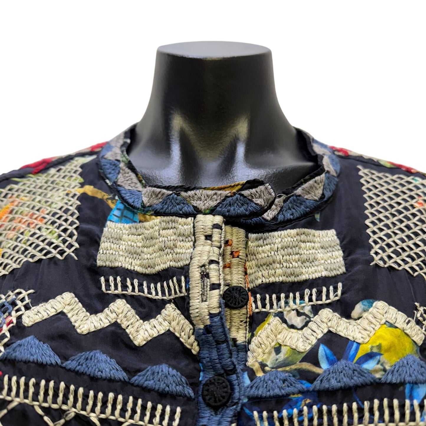 Johnny Was Biya Embroidered Silk Blouse Black Multi Floral Birds Size M
