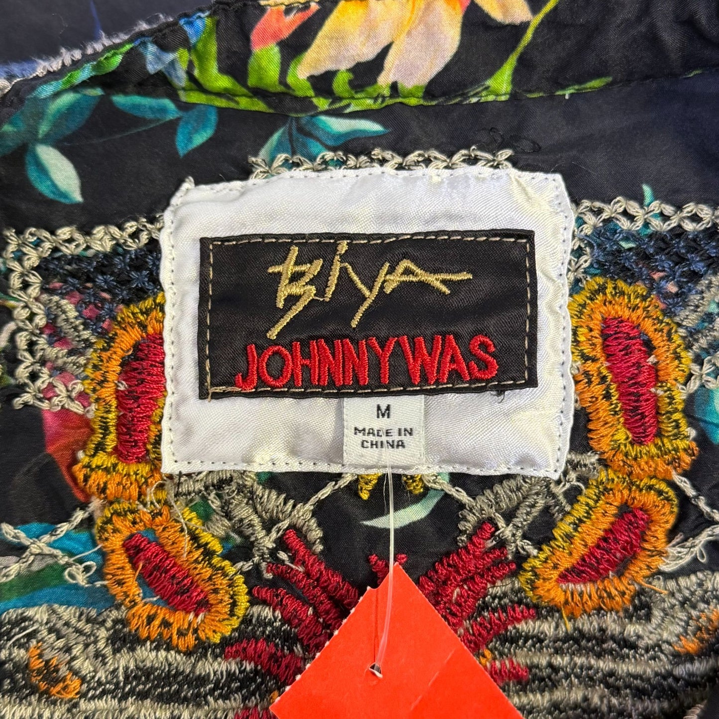 Johnny Was Biya Embroidered Silk Blouse Black Multi Floral Birds Size M