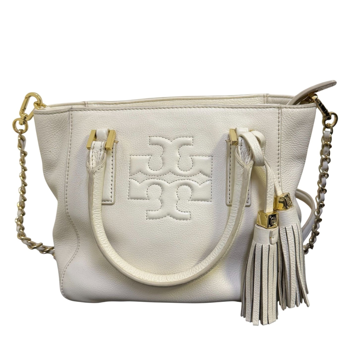 Tory Burch Ivory Leather Shoulder Bag With Gold Chain Strap & Tassel Details