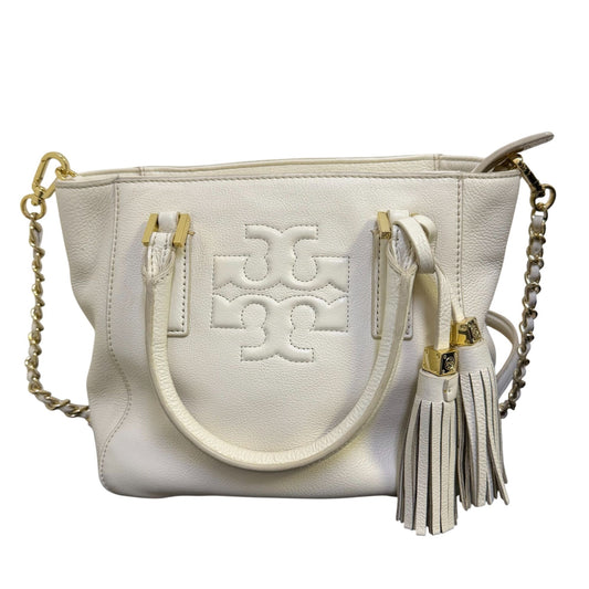 Tory Burch Ivory Leather Shoulder Bag With Gold Chain Strap & Tassel Details