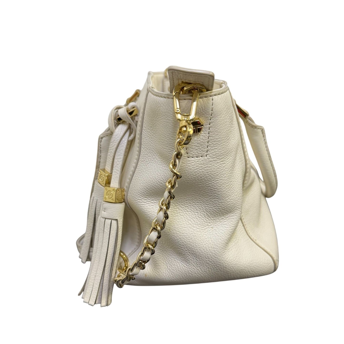 Tory Burch Ivory Leather Shoulder Bag With Gold Chain Strap & Tassel Details
