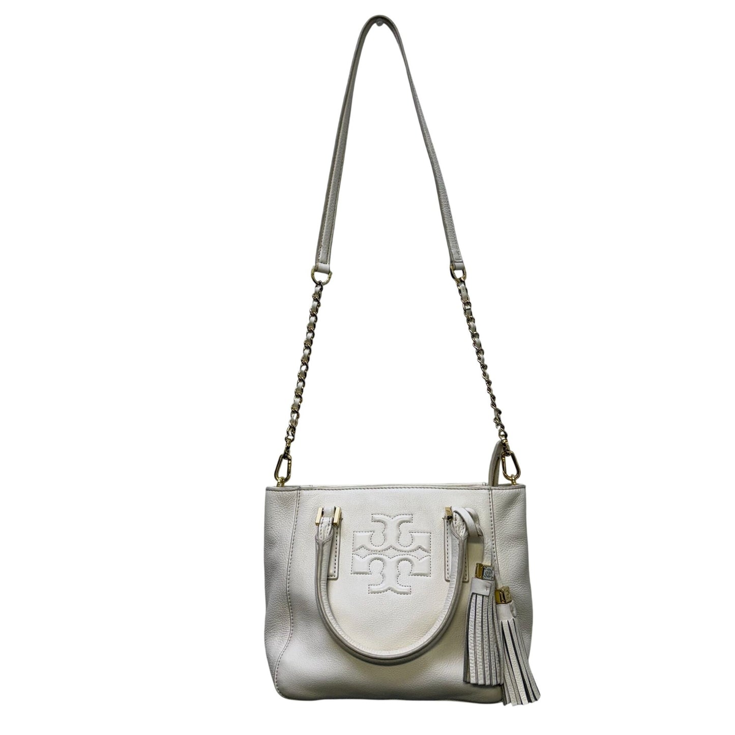 Tory Burch Ivory Leather Shoulder Bag With Gold Chain Strap & Tassel Details