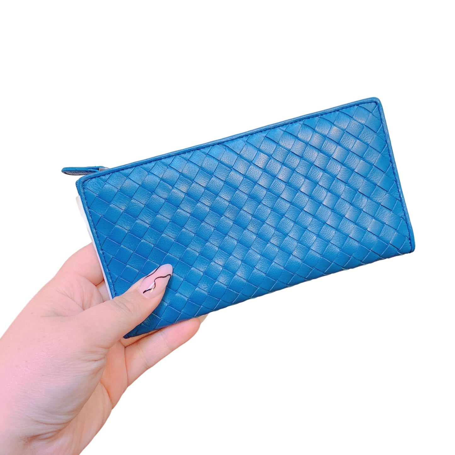 Bottega Veneta Blue Leather Wallet With Multiple Card Slots & Zippered Coin Pocket