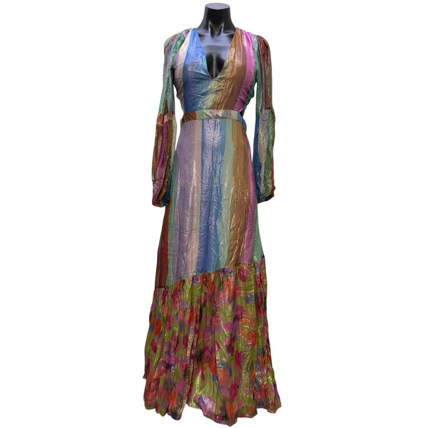 Nasty Gal Striped Metallic Sheer Maxi Dress Open Back Size 2