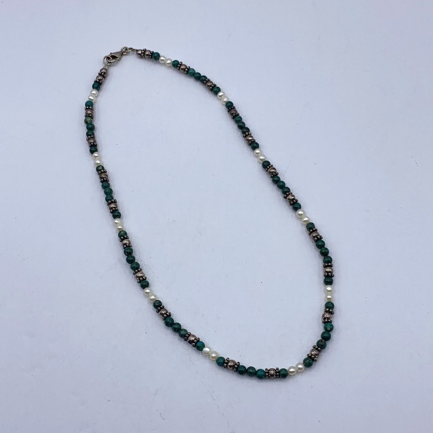 Malachite & Pearl Beaded Necklace With Silver-Tone Accents And Lobster Clasp Closure