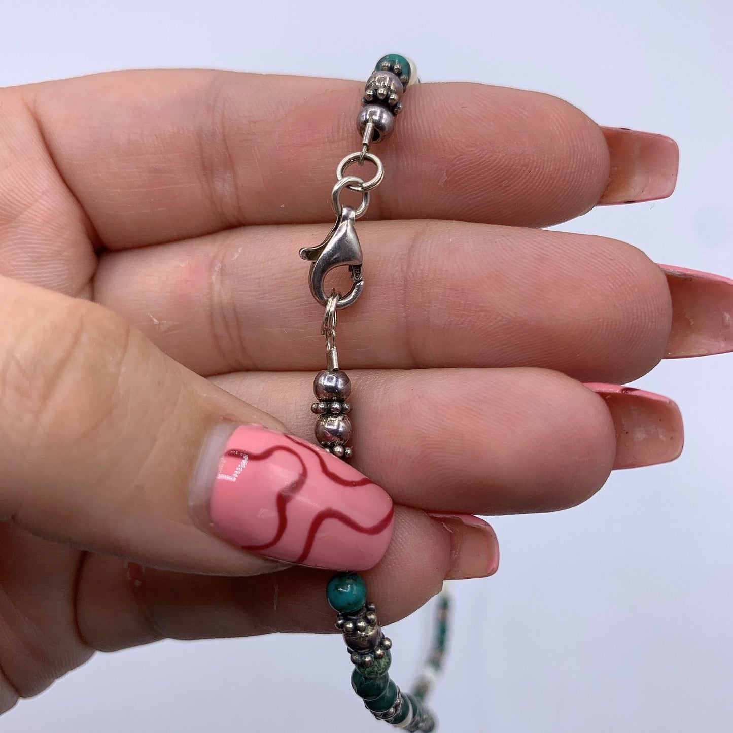 Malachite & Pearl Beaded Necklace With Silver-Tone Accents And Lobster Clasp Closure