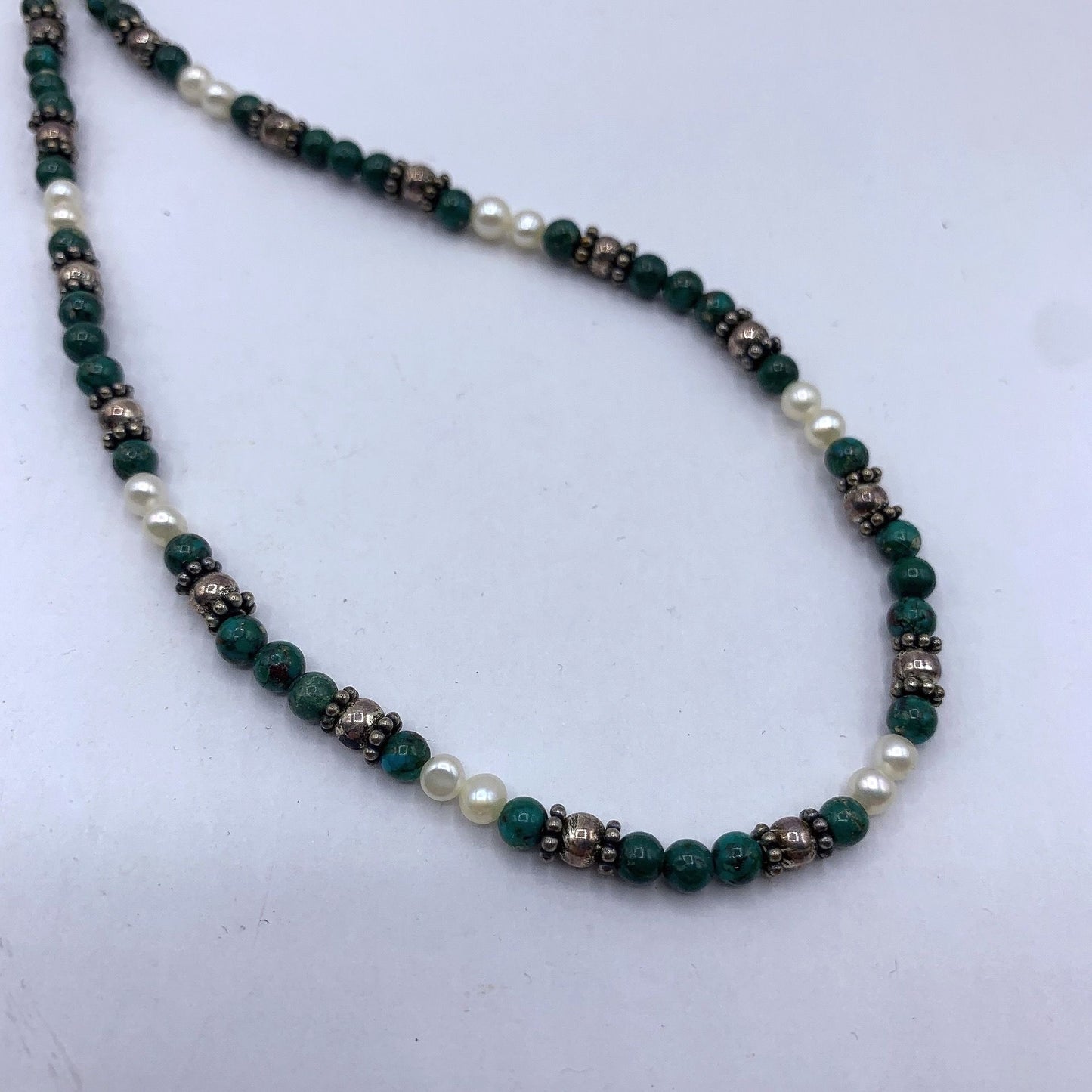Malachite & Pearl Beaded Necklace With Silver-Tone Accents And Lobster Clasp Closure
