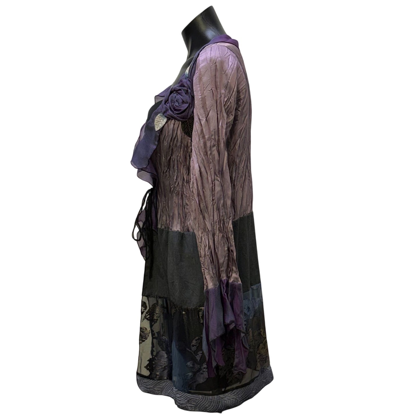 NWT Lee Anderson Purple & Blue Crinkle Long-Sleeve Cardigan Floral Trim L