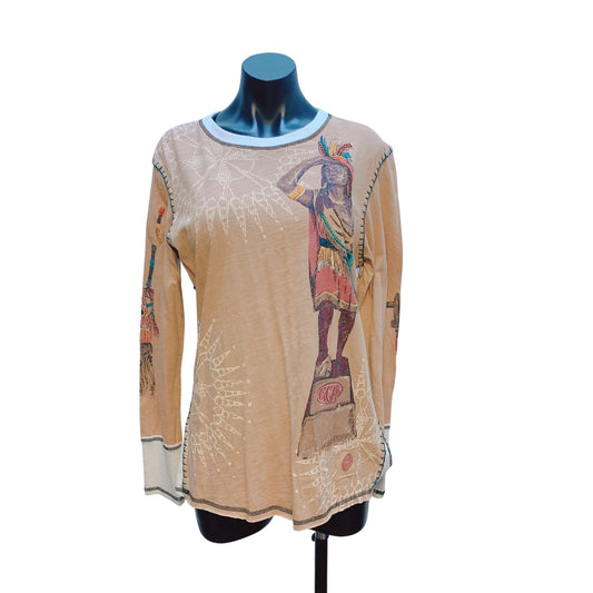 NWT Double D Ranch Beige Graphic Long Sleeve Top With Native American Print L