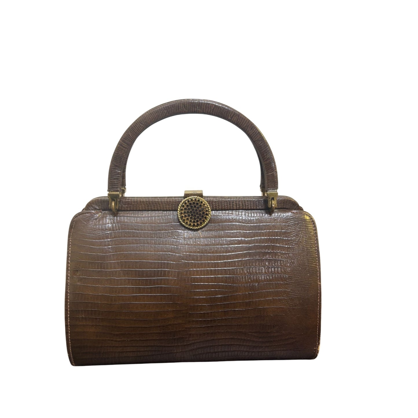 Vintage Triangle Brown Lizard Embossed Leather Handbag With Golden Clasp & Handle
