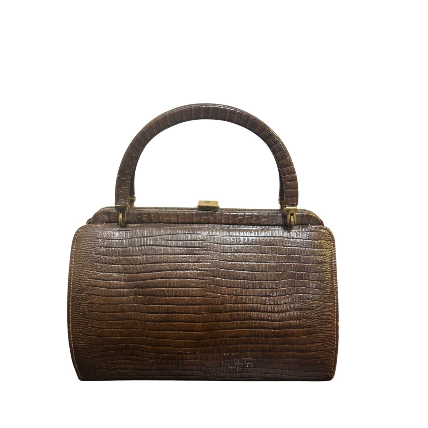 Vintage Triangle Brown Lizard Embossed Leather Handbag With Golden Clasp & Handle