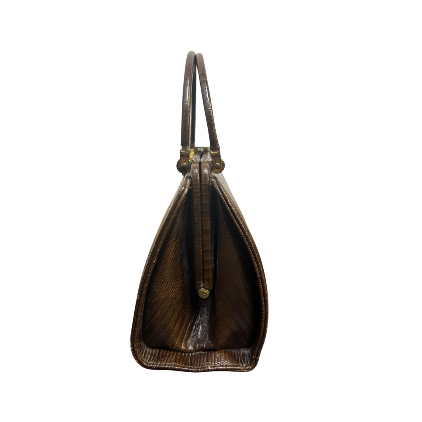 Vintage Triangle Brown Lizard Embossed Leather Handbag With Golden Clasp & Handle