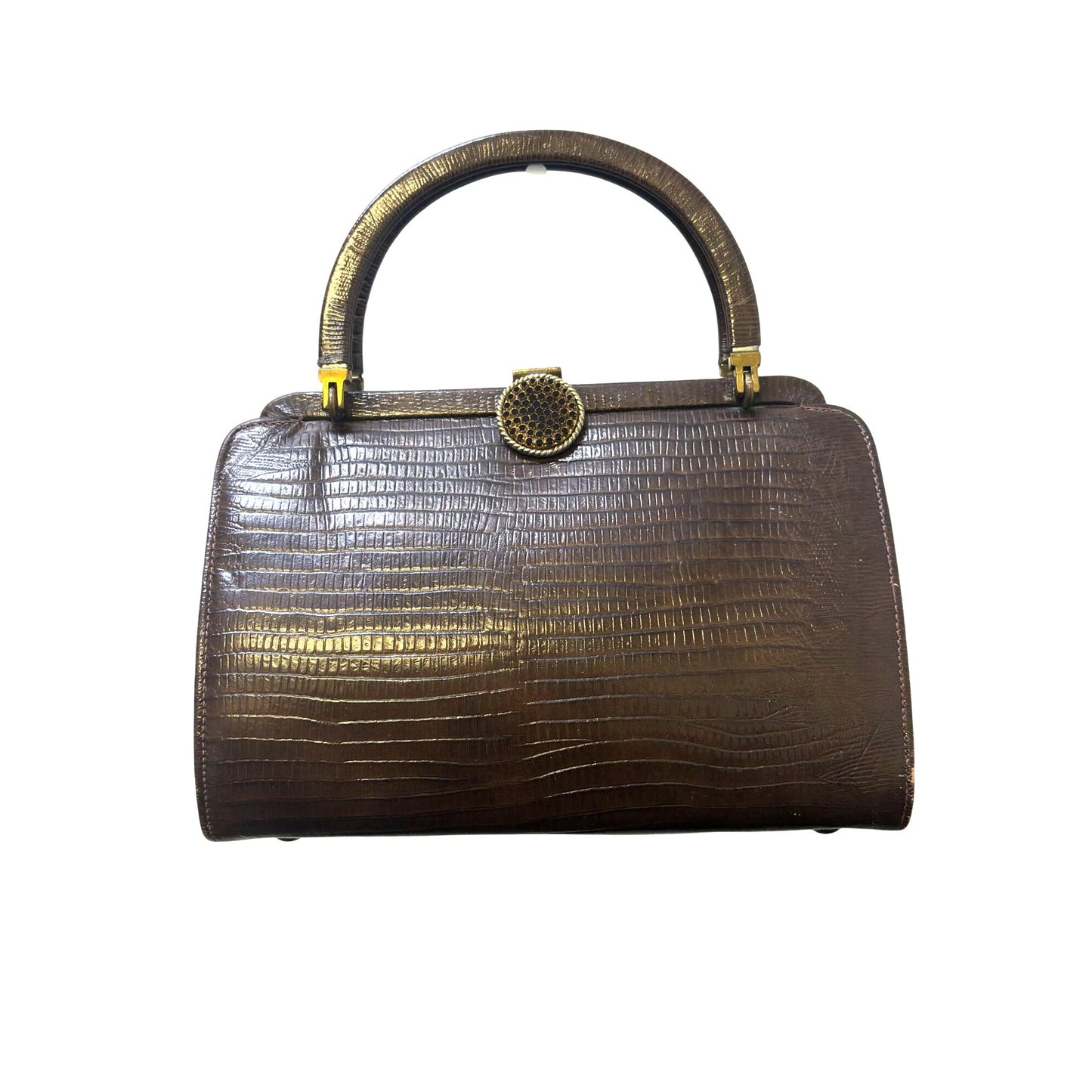 Vintage Triangle Brown Lizard Embossed Leather Handbag With Golden Clasp & Handle