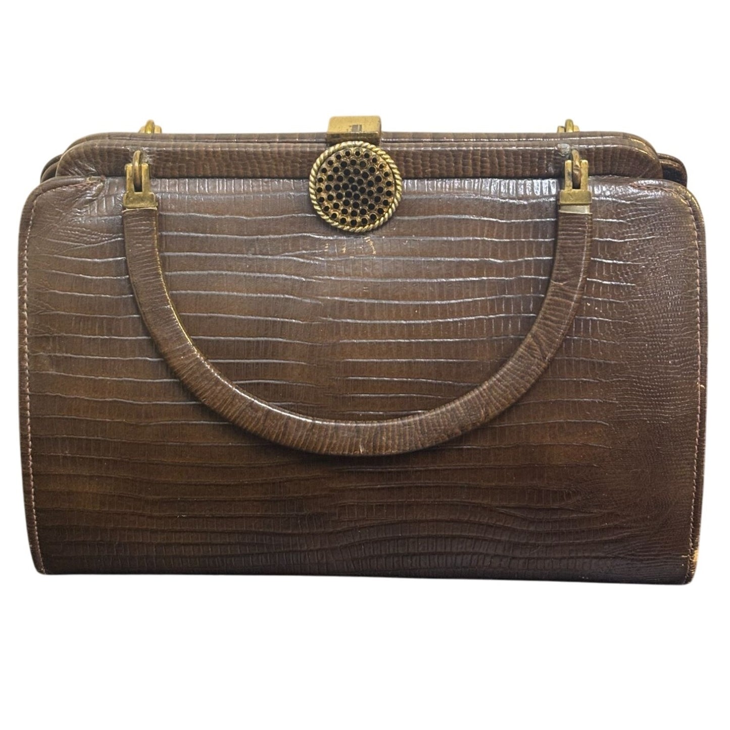 Vintage Triangle Brown Lizard Embossed Leather Handbag With Golden Clasp & Handle