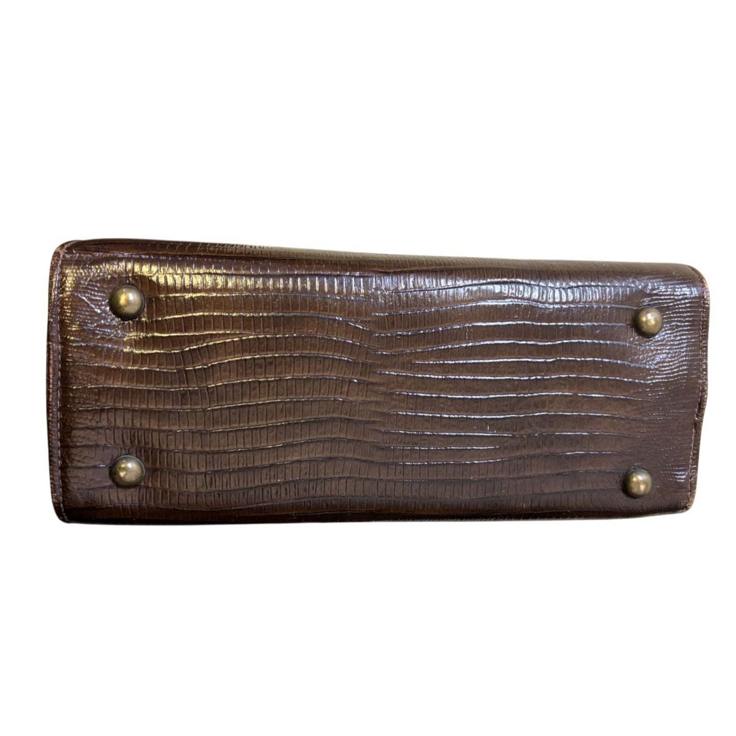Vintage Triangle Brown Lizard Embossed Leather Handbag With Golden Clasp & Handle