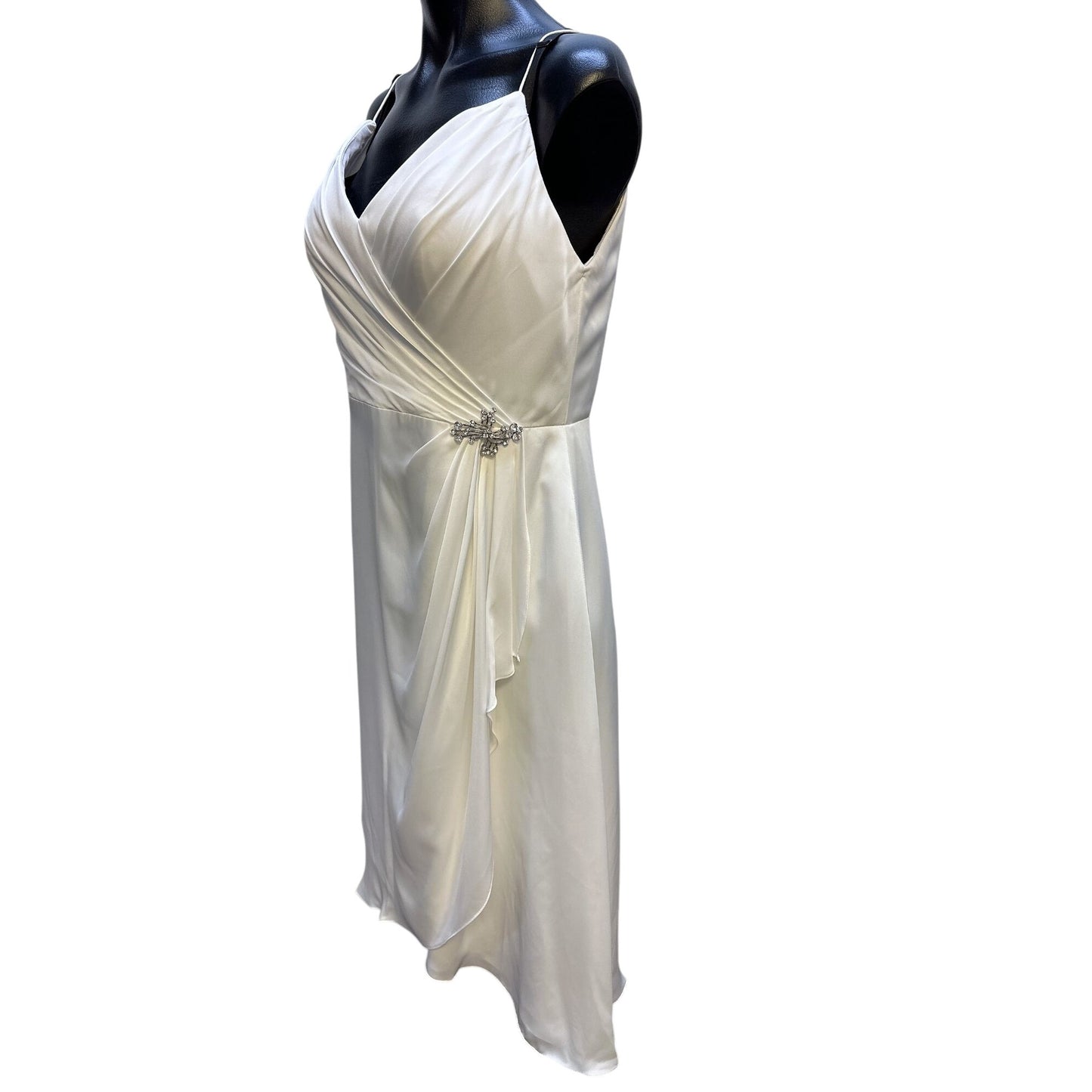 NWT DB Studio White Satin Strap Dress Rhinestone Brooch Accent Size 12